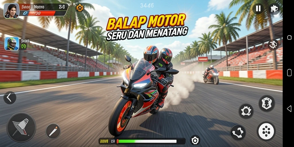 Tampilan gameplay 3446 yang mendebarkan di trek balap motor.