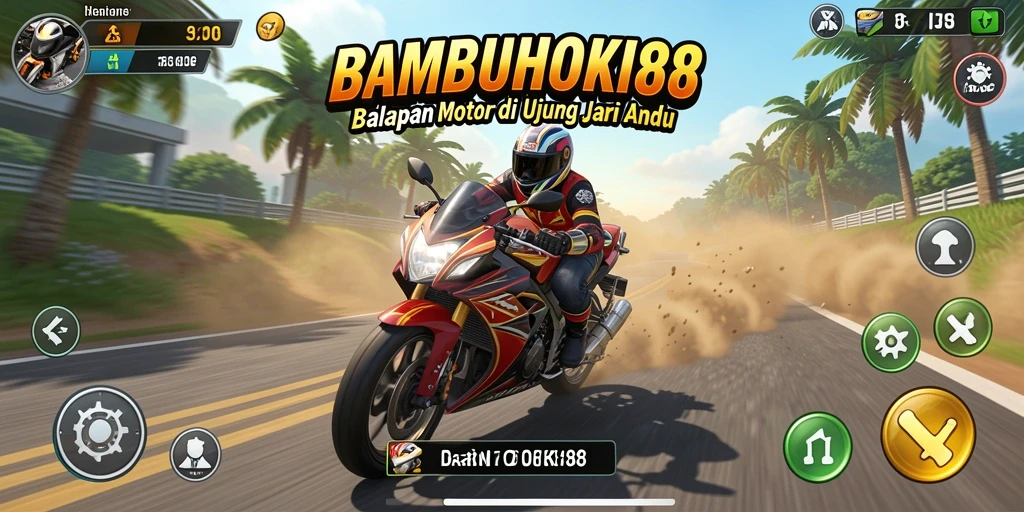 Tangkapan layar gameplay <strong>BAMBUHOKI88</strong> menampilkan aksi balap motor yang mendebarkan.