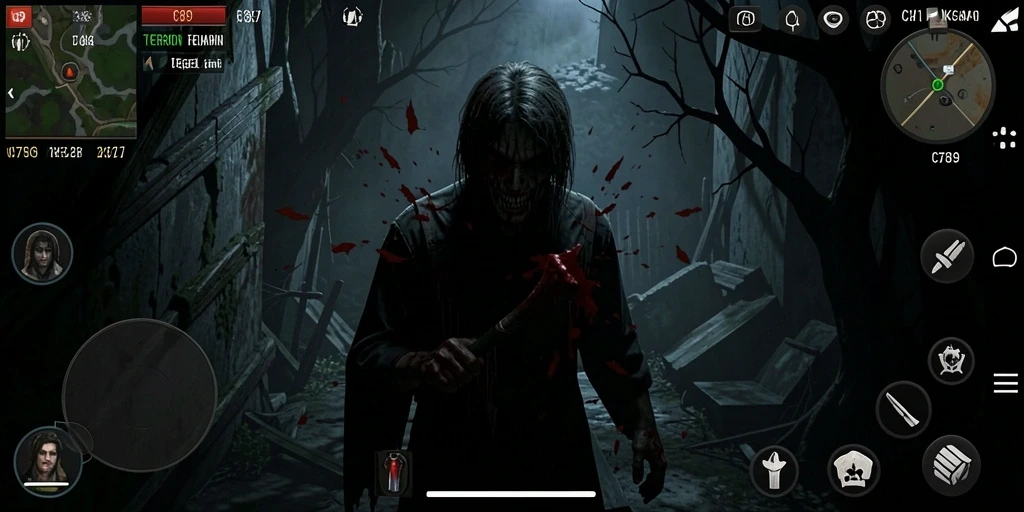 Screenshot menampilkan pemain menghadapi makhluk menyeramkan dalam suasana gelap.