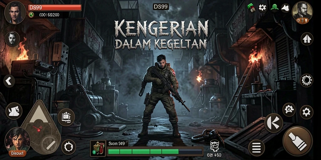 Tangkapan layar gameplay DS99 yang penuh ketegangan dan kegelapan.