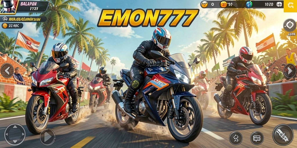 Tampilan gameplay seru di EMON777 saat balapan motor.