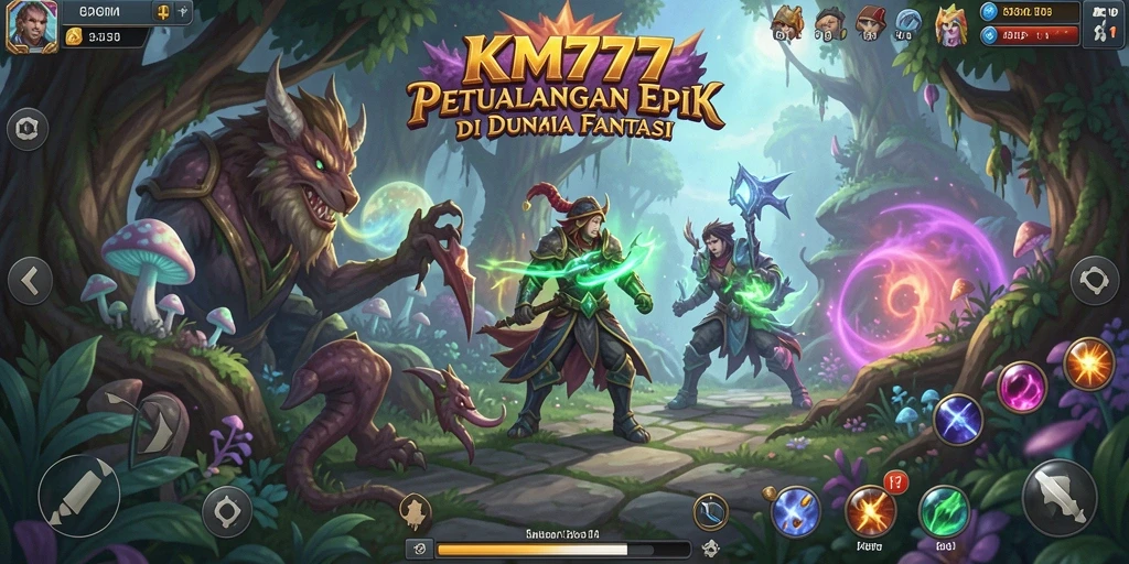 Tangkapan layar utama KM777 menampilkan aksi bertempur yang mendebarkan dalam permainan RPG.