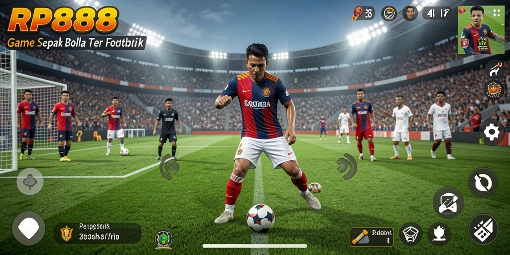 Screenshot gameplay RP888 menampilkan aksi seru di lapangan sepak bola.