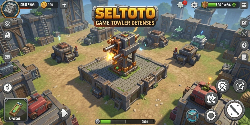 Screenshot gameplay SELTOTO yang menampilkan pertahanan menara yang strategis.
