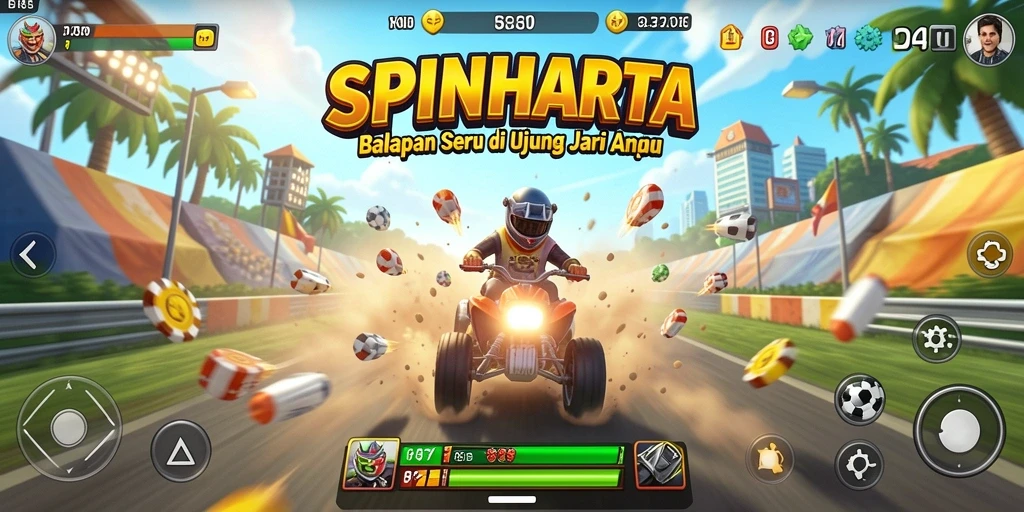 Screenshot gameplay <strong>SPINHARTA</strong> menunjukkan mobil balap melaju kencang di trek yang menantang.